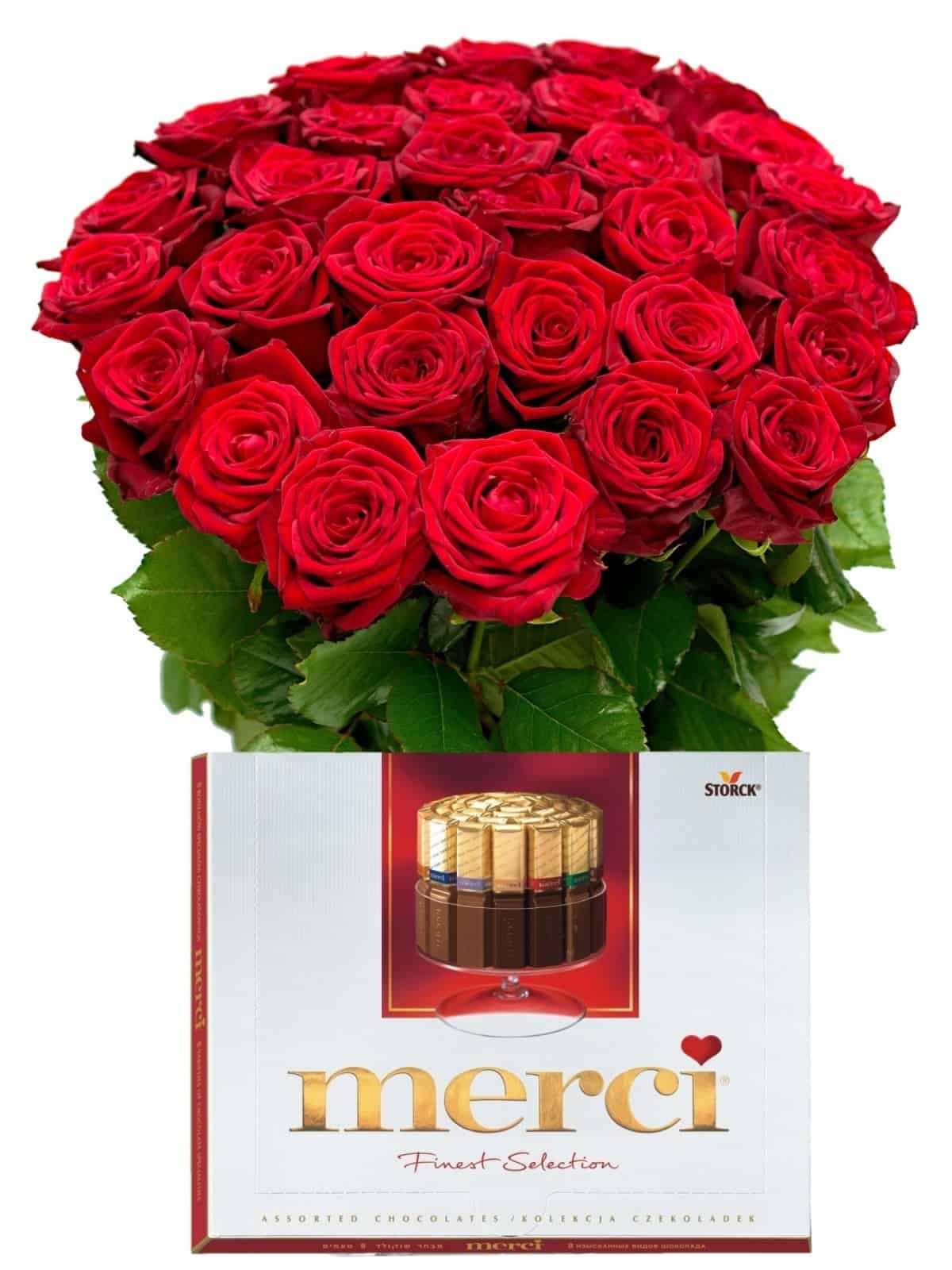Red Roses and Merci – anniversary bouquet, flower delivery across Europe