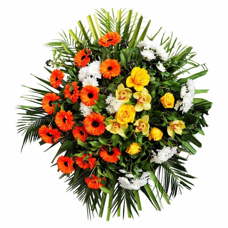 Orange and Yellow Funeral Wreath – funeral flowers, delivered to any cemetery in Europe